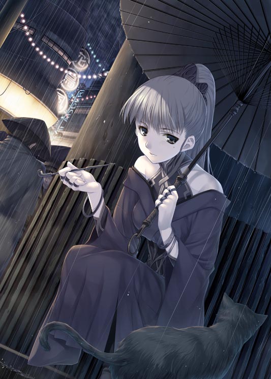 hagure keg, original, 1girl, bare shoulders, bracelet, brown eyes, cat, dutch angle, female focus, high ponytail, holding, holding smoking pipe, jewelry, kiseru, mole, mole under eye, night, oil-paper umbrella, ponytail, rain, ring, smoking pipe, solo, umbrella