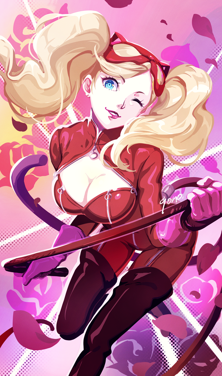 yono 999, takamaki anne, persona, persona 5, highres, 1girl, blonde hair, blue eyes, bodysuit, breasts, cat mask, cat tail, cleavage, earrings, falling petals, floral background, flower, gloves, grin, jewelry, large breasts, long hair, looking at viewer, mask, mask lift, one eye closed, petals, pink background, pink gloves, red bodysuit, red lips, rose, smile, solo, stud earrings, tail, twintails