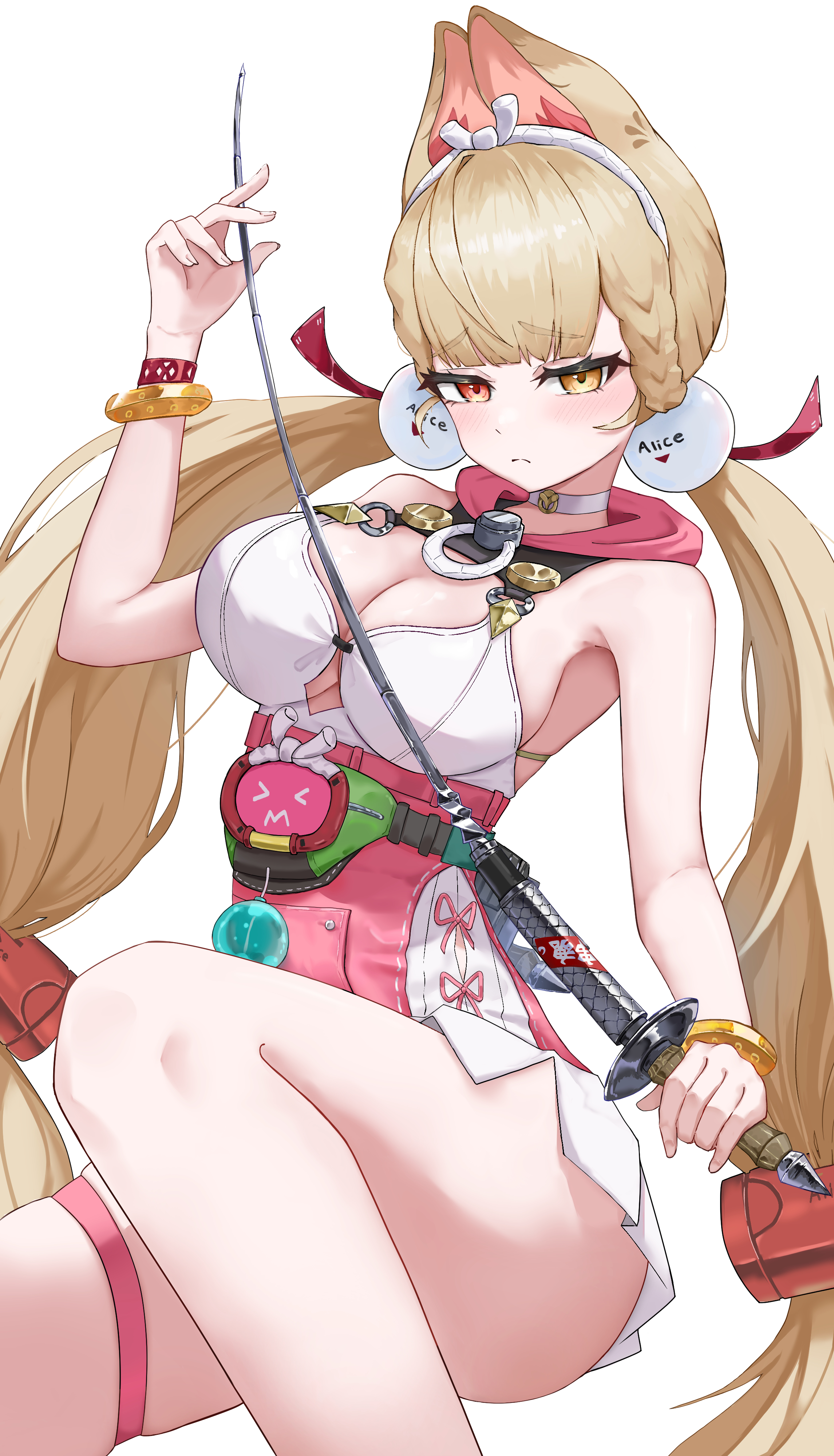 zo (nphm3333), alice thymefield, alice thymefield (sea of thyme), zenless zone zero, absurdres, highres, 1girl, animal ears, blonde hair, breasts, choker, cleavage, closed mouth, heterochromia, holding, holding sword, holding weapon, large breasts, long hair, looking at viewer, low twintails, official alternate costume, one-piece swimsuit, rabbit ears, rabbit girl, red eyes, solo, swimsuit, sword, thigh strap, twintails, very long hair, weapon, white background, white choker, white one-piece swimsuit, yellow eyes