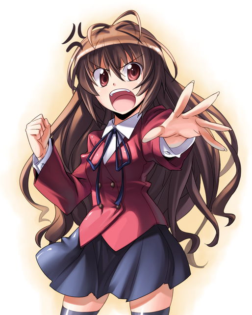 chikugen shiina, aisaka taiga, toradora!, 00s, 1girl, anger vein, brown eyes, clenched hand, female focus, long hair, outstretched hand, school uniform, solo, thighhighs, very long hair, zettai ryouiki