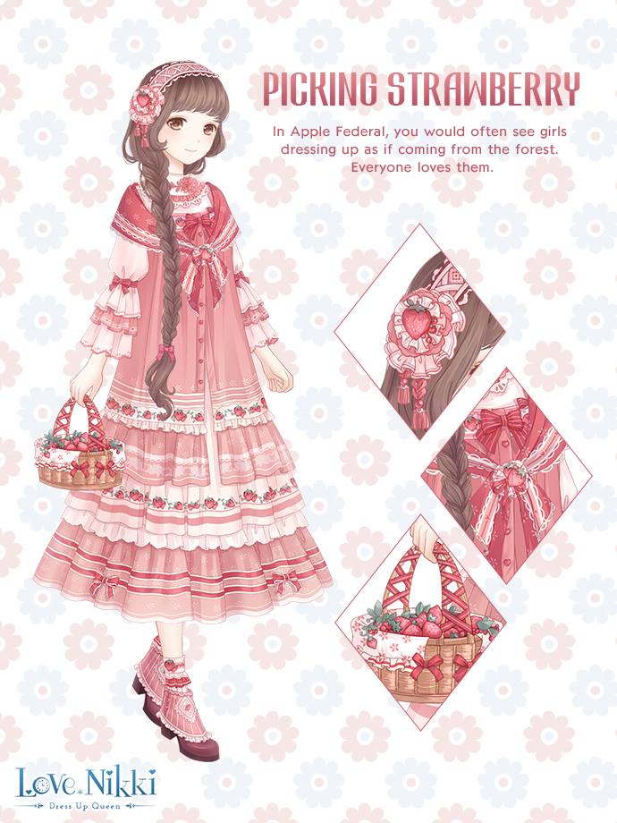 miracle nikki, nikki (series), artist request, official art, 1girl, basket, blunt bangs, boots, bow, braid, brooch, brown boots, brown eyes, brown hair, character name, close-up, closed mouth, copyright name, cross-laced hairband, dot nose, dress, dress bow, english text, floral background, flower, flower brooch, food, food-themed hair ornament, food print, frilled footwear, frilled sleeves, frilled socks, frills, fruit, fruit print, full body, hair bow, hair ornament, hair over shoulder, hairband, happy, high heel boots, high heels, holding, holding basket, jewelry, juliet sleeves, lace-trimmed hairband, lace-trimmed shawl, lace trim, light blush, logo, lolita hairband, long dress, long hair, long sleeves, looking at viewer, multicolored boots, picking strawberry (miracle nikki), pink boots, pink bow, pink dress, pink flower, pink hairband, pink shawl, pleated dress, puffy sleeves, shawl, single braid, sleeve bow, smile, socks, solo, standing, strawberry, strawberry hair ornament, strawberry print, striped clothes, striped footwear, tassel, tassel hair ornament, two-tone boots, vertical-striped footwear, very long hair, white background, white sleeves, white socks