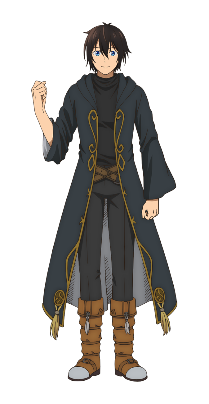 watanabe mayumi, highres, official art, 1boy, anime coloring, belt, black hair, black shirt, blue eyes, bob cut, boots, brown belt, brown boots, clenched hand, closed mouth, coat, crossed bangs, full body, grey pants, hair between eyes, hand up, hood, hood down, hooded coat, kamishiro takeru, looking at viewer, male focus, pants, shirt, short hair, simple background, smile, solo, sozai saishuka no isekai ryokouki, standing, tachi-e, transparent background
