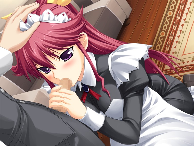 uesugi ren, venis, kimi ga aruji de shitsuji ga ore de, game cg, 00s, 1boy, 1girl, apron, censored, fellatio, hand on another's head, handjob, hetero, long hair, maid, maid apron, maid headdress, mosaic censoring, oral, penis, purple eyes, red hair, two-handed handjob