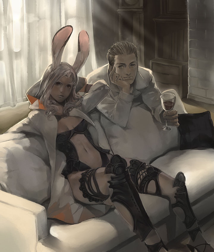 fujikawa akira, balflear, fran (ff12), white mage (final fantasy), final fantasy, final fantasy xii, ivalice alliance, 00s, 1boy, 1girl, alcohol, animal ears, blonde hair, blouse, breasts, cleavage, collared shirt, couch, couple, cup, dark-skinned female, dark skin, drinking glass, glass, navel, rabbit ears, revealing clothes, shirt, sitting, sunlight, viera, white hair, white shirt, white upholstery, wine, wine glass