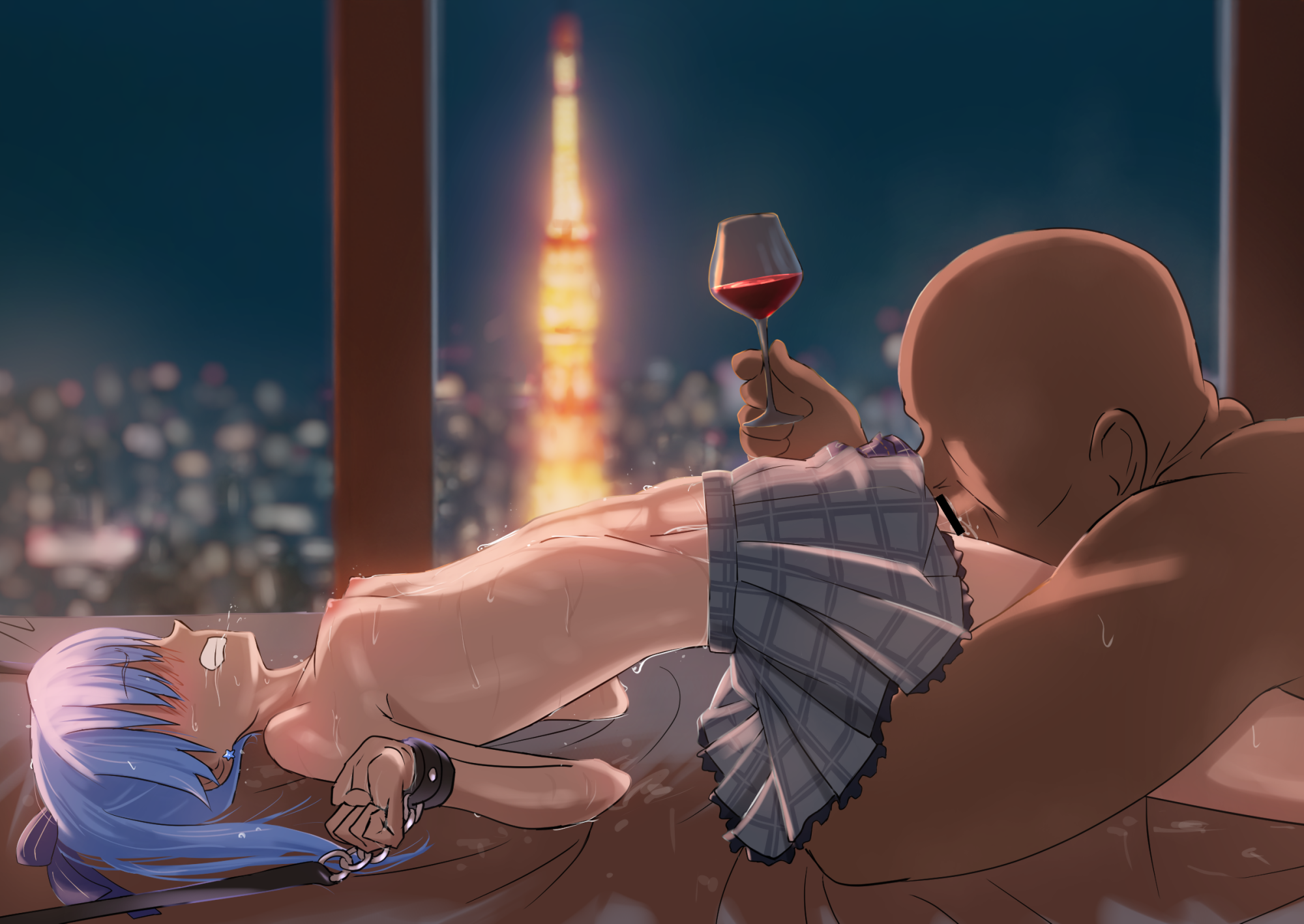 nataihyou, hoshimachi suisei, hololive, highres, 1boy, 1girl, bald, bed sheet, blue hair, bound, bound wrists, breasts, clenched teeth, cunnilingus, cup, dark-skinned male, dark skin, drinking glass, faceless, faceless female, faceless male, from side, hetero, holding, holding cup, interracial, miniskirt, night, nipples, oral, plaid clothes, plaid skirt, restrained, saliva, side ponytail, skirt, small breasts, sweat, teeth, virtual youtuber, window, wine glass