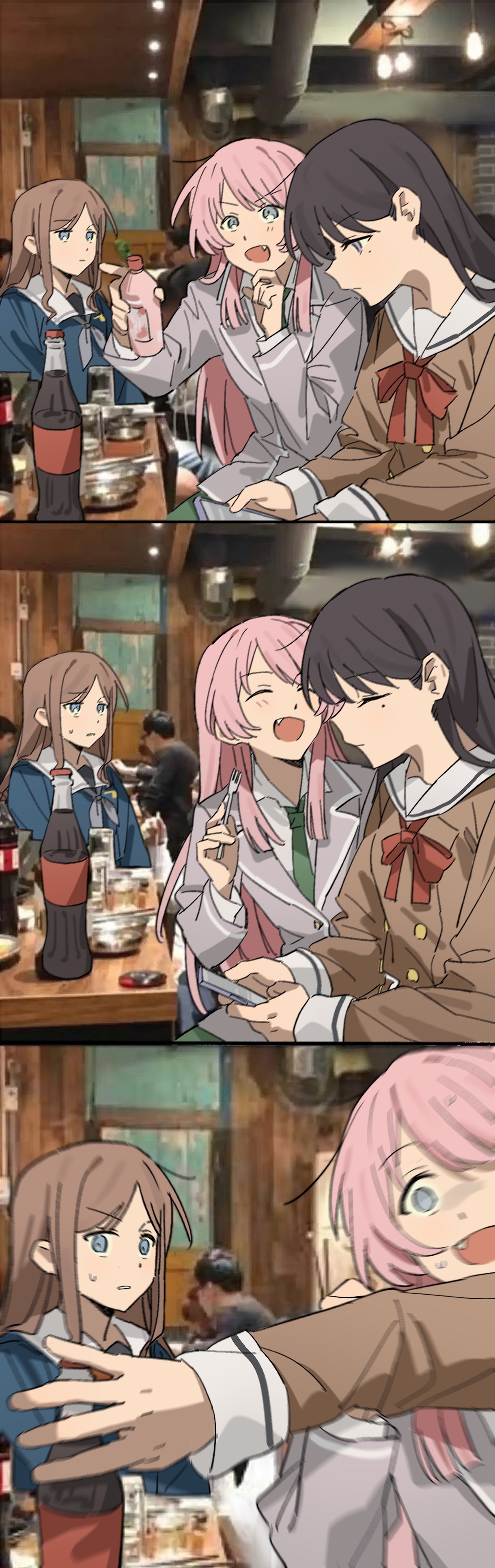 uzr akira, chihaya anon, nagasaki soyo, shiina taki, bang dream!, bang dream! it's mygo!!!!!, absurdres, chinese commentary, commentary request, highres, 3girls, black hair, blue eyes, blue shirt, bottle, brown dress, closed eyes, dress, fang, grey jacket, grey neckerchief, hanasakigawa school uniform, haneoka school uniform, holding, holding bottle, jacket, looking at another, meme, mole, mole under eye, multiple girls, neckerchief, open mouth, photo background, pink hair, purple eyes, sailor collar, sailor dress, school uniform, shirt, sidelocks, sweatdrop, tsukinomori school uniform, white sailor collar, yoo se-yoon bottle grab (meme)