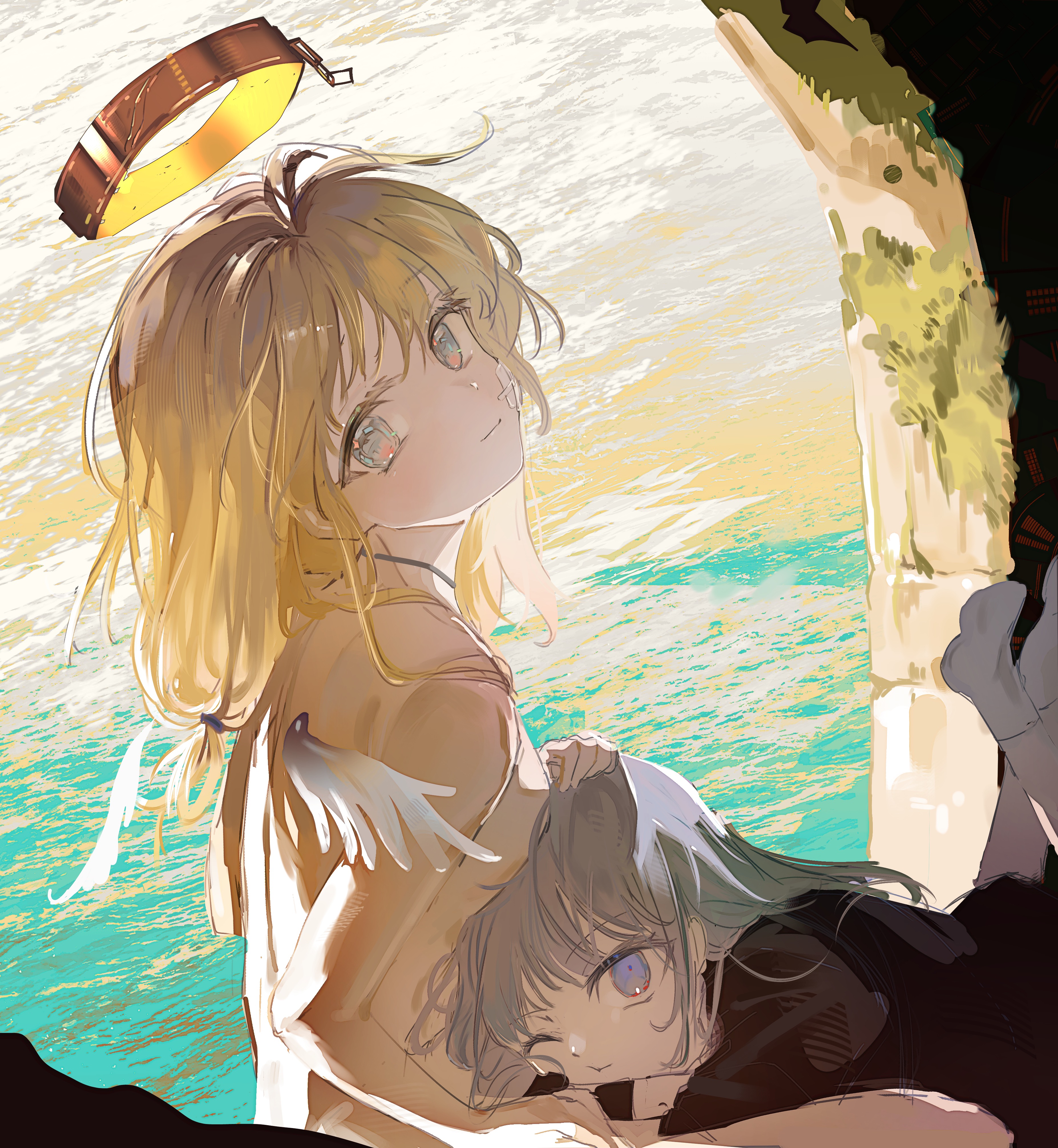 insight (designant) (arcaea), arcaea, absurdres, highres, 2girls, 9386956823, bandage on face, bandages, bandaid, bandaid on face, black sweater, blonde hair, blue eyes, compassion (arcaea), detached wings, insight (arcaea), lap pillow, multiple girls, nude, ocean, one eye closed, purple eyes, shore, sketch, smile, socks, sweater, white hair, white socks, wings, yuri