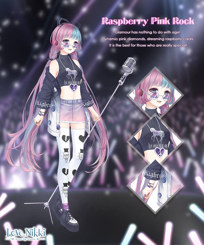 miracle nikki, nikki (series), artist request, official art, 1girl, audience, bare shoulders, black jacket, black shirt, black shoes, blue eyes, blue hair, blue ribbon, blunt bangs, bracelet, braid, broken heart, buttons, character name, close-up, clothes writing, copyright name, crop top, denim, denim jacket, denim skirt, english text, eyelashes, full body, fur-trimmed skirt, fur trim, glowstick, gradient clothes, gradient jacket, gradient skin, grey-framed eyewear, hair ribbon, happy, headphones, heart, heart necklace, heart print, holding, holding microphone stand, idol, jacket, jacket partially removed, jewelry, light particles, light rays, logo, long hair, long sleeves, looking at viewer, low twintails, microphone, microphone stand, midriff, miniskirt, multicolored hair, multicolored jacket, navel, necklace, night, open mouth, outdoors, peace symbol, penlight (glowstick), pink hair, pink skirt, platform shoes, pocket, purple-tinted eyewear, purple skirt, raspberry pink rock (miracle nikki), ribbon, round eyewear, shirt, shoes, skirt, sleeveless, sleeveless shirt, smile, sneakers, solo, stage, standing, streaked hair, sunglasses, thighhighs, tinted eyewear, triangular eyewear, turtleneck, turtleneck shirt, twin braids, twintails, two-tone hair, two-tone jacket, very long hair, white jacket, white thighhighs