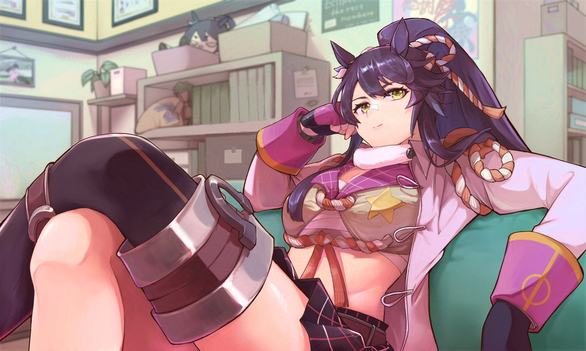narita brian (umamusume), umamusume, highres, 1girl, animal ears, bandaid, bandaid on face, bandaid on nose, crossed legs, horse ears, horse girl, jacket, long hair, open clothes, open jacket, shiotansushi, solo, yellow eyes