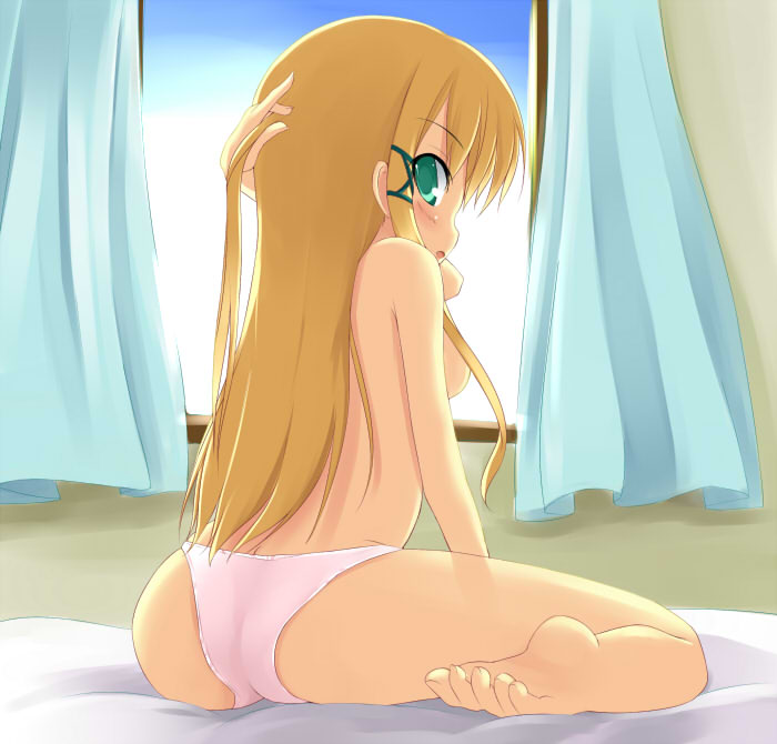 kuro (be ok), original, 1girl, aqua eyes, artistic error, ass, bad anatomy, barefoot, blonde hair, curtains, feet, female focus, from behind, kneeling, long hair, looking back, panties, pink panties, sitting, solo, topless female, underwear, wariza, window