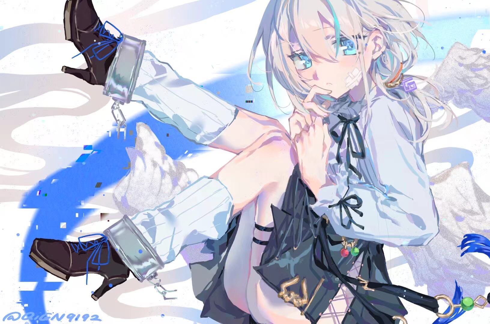 arcaea, highres, 1girl, angel wings, ass cutout, bandage on face, bandages, bandaid, bandaid on face, belt, black belt, black ribbon, black skirt, blue eyes, blue hair, boots, breasts, brown boots, closed mouth, clothing cutout, compassion (arcaea), cross, detached wings, full body, gloves, grey hair, high heels, long sleeves, looking at viewer, loose socks, medium breasts, multicolored hair, qingwucong, ribbon, shirt, short hair, skirt, socks, solo, streaked hair, thigh strap, thighhighs, white shirt, white socks, white wings, wings, zettai ryouiki