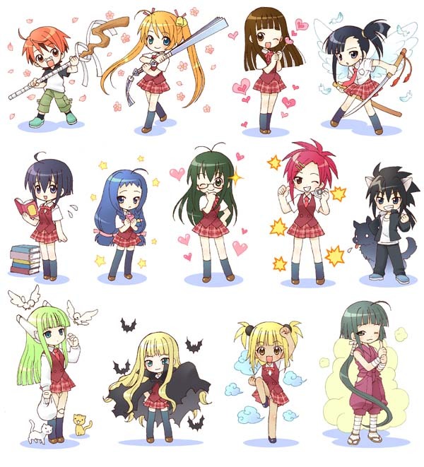 asakura kazumi, ayase yue, evangeline a.k. mcdowell, inugami kotarou, kagurazaka asuna, karakuri chachamaru, konoe konoka, kufei, miyazaki nodoka, nagase kaede, negi springfield, sakurazaki setsuna, saotome haruna, mahou sensei negima!, 00s, 2boys, 6+girls, ahoge, antenna hair, bat (animal), bell, bird, book, camera, cape, cat, cloud, diarium ejus, dog, ensis exorcizans, flower, hair ornament, hand fan, harisen, heart, heterochromia, katana, multiple boys, multiple girls, ninja, one eye closed, plaid clothes, plaid skirt, robot ears, school uniform, serafuku, skirt, smoke, staff, star (symbol), sword, thighhighs, twintails, vampire, wand, weapon, wings, wink