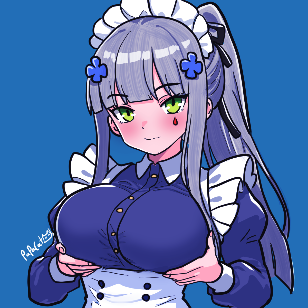 papacat, hk416 (girls' frontline), klukai (girls' frontline 2), girls' frontline, girls' frontline 2: exilium, commentary, english commentary, highres, 1girl, alternate costume, apron, arm support, black ribbon, blue dress, blush, breast lift, breast rest, breasts, buttons, cross, double-breasted, dress, enmaided, facepaint, green eyes, hair ornament, hair ribbon, hairclip, hands up, iron cross, large breasts, maid, maid apron, maid headdress, ribbon, smile, solo, teardrop, upper body, white apron, white hair