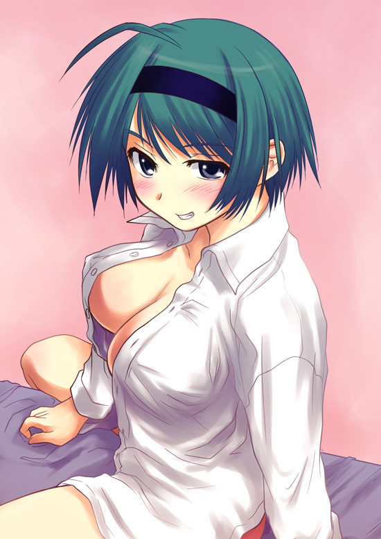 sakaki imasato, yoshioka chie, to heart (series), to heart 2, 00s, 1girl, ahoge, bed, blue eyes, blush, bottomless, breasts, cleavage, covered erect nipples, dress shirt, female focus, green hair, hairband, large breasts, open clothes, open shirt, shirt, short hair, sitting, solo
