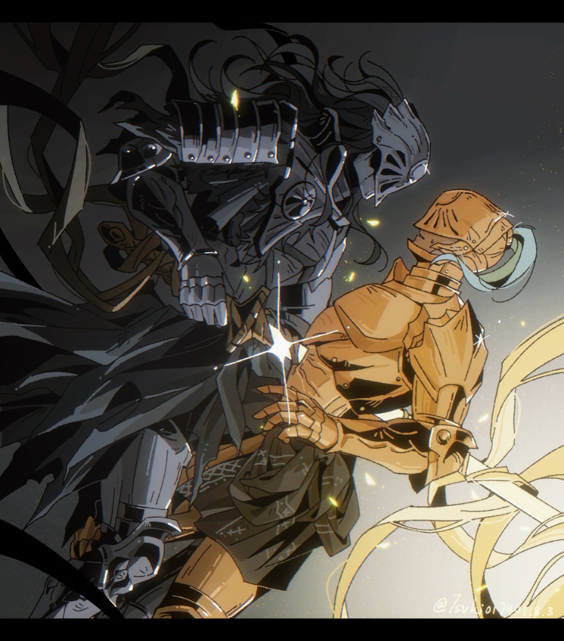 ya ya (jiling651), executor (elden ring), elden ring, elden ring nightreign, highres, 2boys, alternate costume, armor, bandages, black armor, black hair, black loincloth, blue hair, breastplate, covered eyes, dual persona, dutch angle, feet out of frame, full armor, gauntlets, glint, glowing, glowing sword, glowing weapon, gold armor, gradient background, hand up, helmet, helmet over eyes, holding, holding sword, holding weapon, impaled, japanese armor, loincloth, long hair, looking at another, looking to the side, male focus, multiple boys, official alternate costume, plume, shoulder armor, single sode, sode, standing, sword, topknot, vambraces, weapon