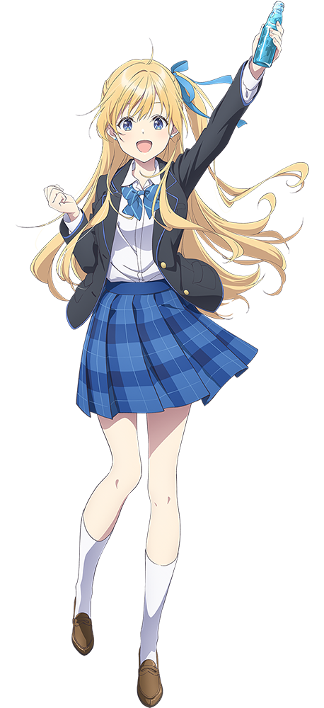 kinoshita sumie, hiiragi yuuko, chitose-kun wa ramune bin no naka, official art, 1girl, :d, anime coloring, arm up, blazer, blonde hair, blue bow, blue eyes, blue ribbon, blue skirt, bottle, bow, bowtie, breasts, clenched hand, collared shirt, diagonal-striped bow, diagonal-striped bowtie, diagonal-striped clothes, full body, grey jacket, hair ribbon, hand up, holding, holding bottle, jacket, long hair, long sleeves, looking at viewer, medium breasts, one side up, open clothes, open jacket, open mouth, outstretched arm, plaid clothes, plaid skirt, pleated skirt, ramune, ribbon, school uniform, shirt, simple background, skirt, smile, solo, standing, striped bow, striped bowtie, striped clothes, tachi-e, transparent background, very long hair, white shirt