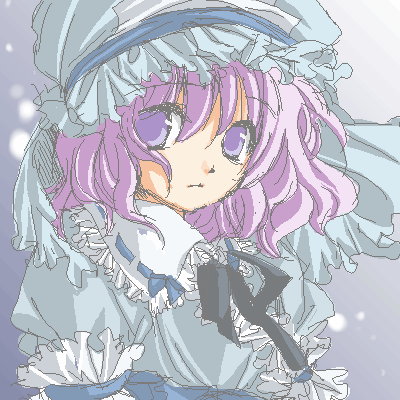 akiyama natsumi, saigyouji yuyuko, touhou, lowres, 1girl, female focus, gradient background, hat, oekaki, purple hair, solo, upper body