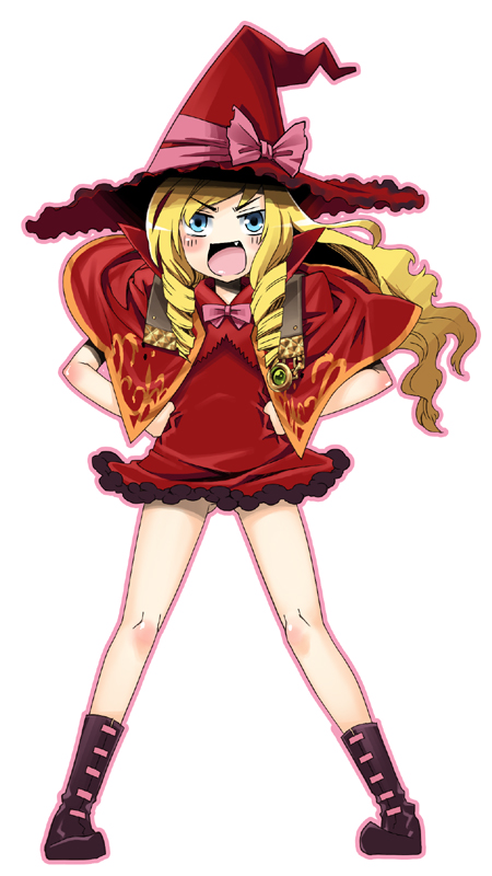 gengorou, doctor magus, doctor magus 4, atlus, etrian odyssey, bad id, bad pixiv id, 1girl, :d, ankle boots, boots, bow, brown boots, dress, drill hair, female focus, hat, lace-up boots, long hair, long sleeves, open mouth, pigeon-toed, pink bow, red dress, sidelocks, smile, solo, twin drills, wavy mouth, wide sleeves, witch hat