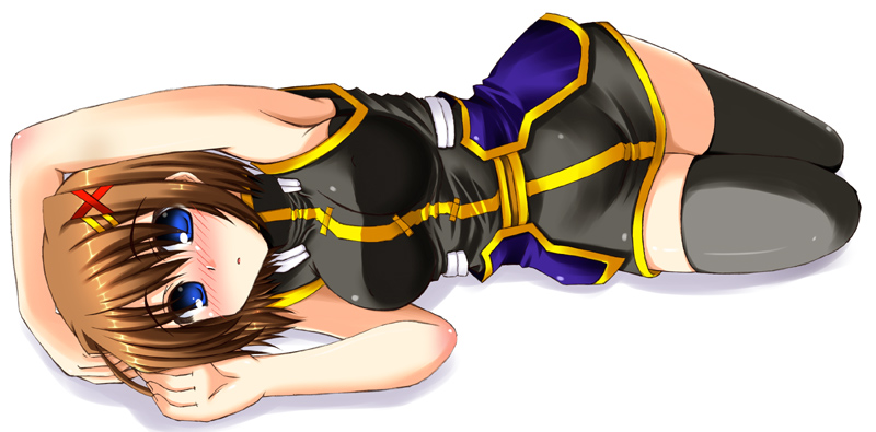 lask, yagami hayate, lyrical nanoha, mahou shoujo lyrical nanoha, mahou shoujo lyrical nanoha a's, 00s, 1girl, blue eyes, brown hair, female focus, hair ornament, short hair, solo, thighhighs, x hair ornament, zettai ryouiki