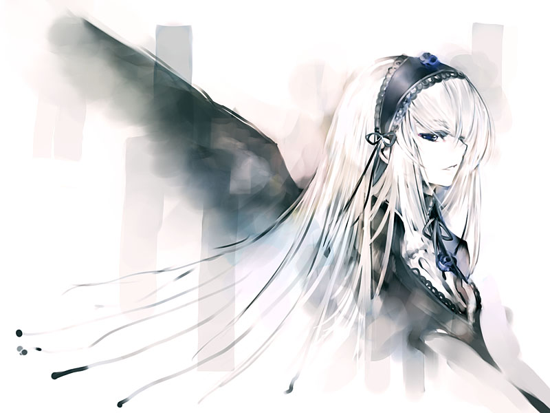 kei (keigarou), suigintou, rozen maiden, 00s, 1girl, colored skin, dress, female focus, flower, from side, hairband, lace, lace-trimmed dress, lace trim, long hair, ribbon, rose, solo, upper body, very long hair, white hair, white skin, wings