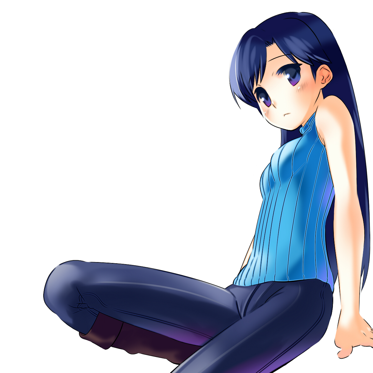 kokono, kisaragi chihaya, idolmaster, idolmaster (classic), idolmaster 1, bad id, bad pixiv id, highres, 00s, blouse, blue hair, blue shirt, boots, denim, jeans, long hair, pants, shirt, simple background, sleeveless, sleeveless shirt, solo, white background