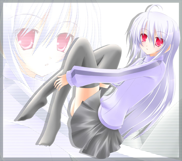 shirotsuki kouta, suguri (orange juice), 100% orange juice, suguri, 1girl, female focus, long hair, red eyes, solo, sweater, thighhighs, white hair, zettai ryouiki