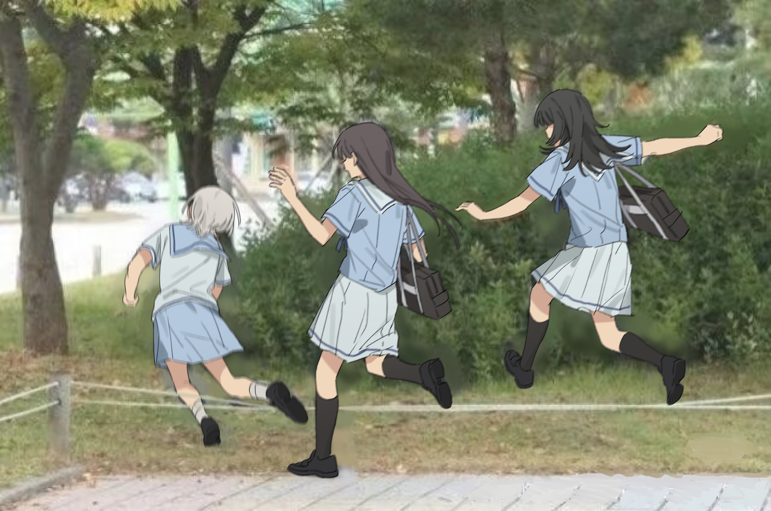 uzr akira, kaname raana, shiina taki, yahata umiri, bang dream!, bang dream! it's mygo!!!!!, chinese commentary, commentary request, highres, 3girls, bag, black bag, black hair, black socks, blue sailor collar, blue shirt, blue skirt, hanasakigawa school uniform, jumping, kneehighs, long hair, meme request, multiple girls, photo background, pleated skirt, sailor collar, school uniform, serafuku, shirt, short hair, shoulder bag, skirt, socks, tripping, white hair, white sailor collar, white shirt, white skirt, white socks