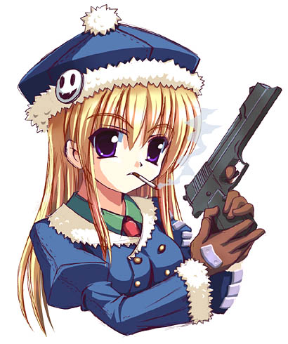 betti, gunner (sekaiju), gunner 2 (sekaiju), jack frost (megami tensei), atlus, etrian odyssey, lowres, 1girl, blonde hair, cigarette, coat, female focus, finger on trigger, gloves, gun, handgun, hat, pistol, purple eyes, smoking, solo, weapon