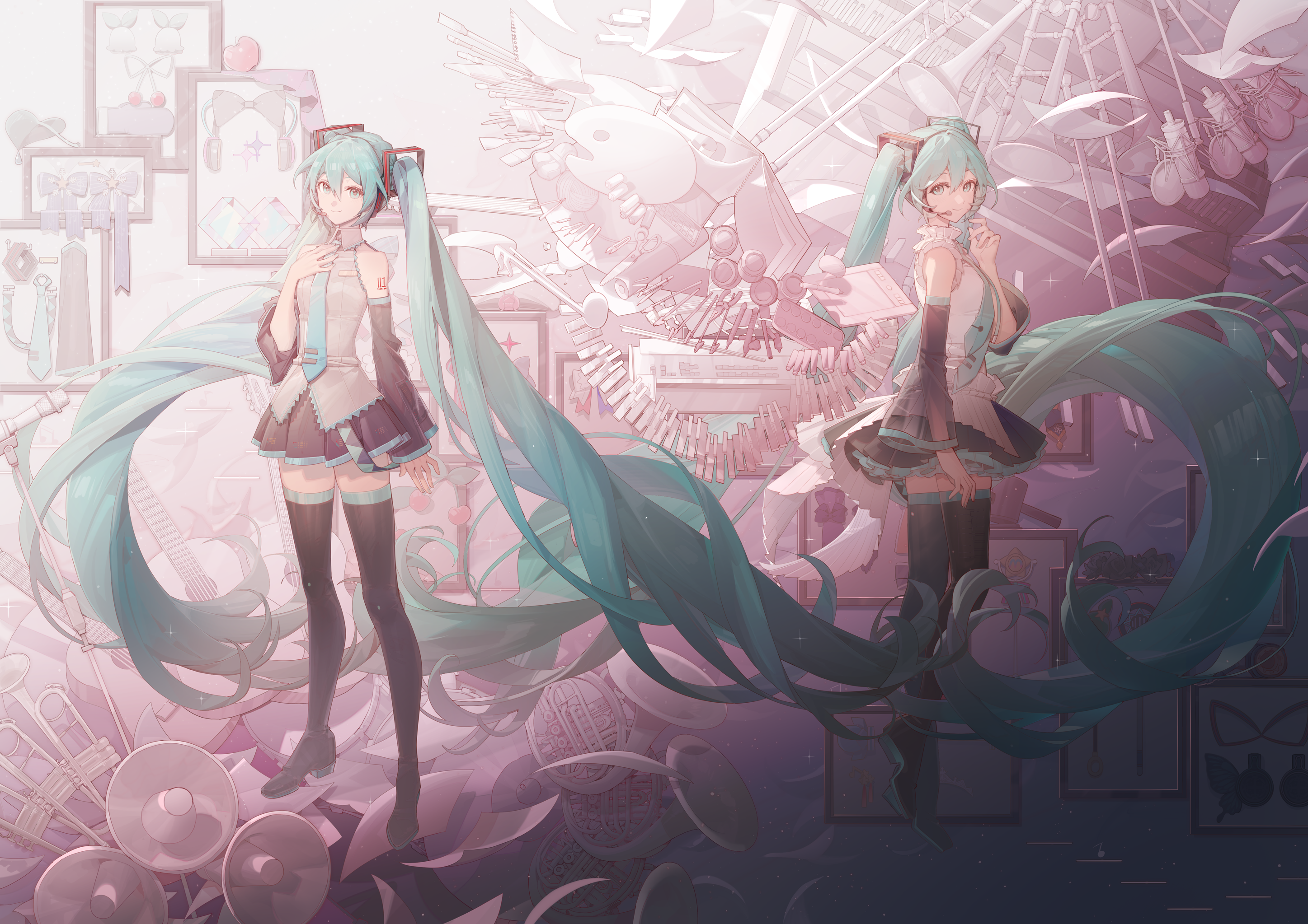 shuno (xiaonuo), hatsune miku, vocaloid, commentary, highres, 2girls, aqua eyes, aqua hair, aqua necktie, arm tattoo, black boots, black skirt, boots, collared shirt, detached sleeves, dual persona, french horn, full body, guitar, hatsune miku happy 16th birthday -dear creators-, headset, instrument, light smile, long hair, looking at viewer, megaphone, microphone, microphone stand, multiple girls, multiple neckties, necktie, page number, paint palette, paintbrush, piano, pink background, pleated skirt, scissors, shirt, skirt, sleeveless, sleeveless shirt, tattoo, thigh boots, thighhighs, tie clip, trombone, twintails, very long hair, zettai ryouiki