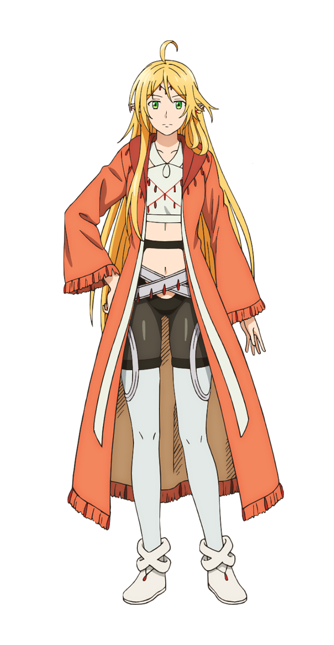 watanabe mayumi, highres, official art, 1girl, ahoge, anime coloring, belt, bike shorts, blonde hair, breasts, brown coat, closed mouth, coat, collarbone, earrings, elf, full body, green eyes, hand on own hip, hood, hood down, hooded coat, jewelry, long hair, long sidelocks, looking at viewer, medium breasts, navel, necklace, open hand, outstretched arm, pointy ears, shirt, shoes, sidelocks, simple background, solo, sozai saishuka no isekai ryokouki, standing, tachi-e, thighhighs, transparent background, vell vareita brolite, very long hair, very long sidelocks, white belt, white shirt, white shoes, white thighhighs