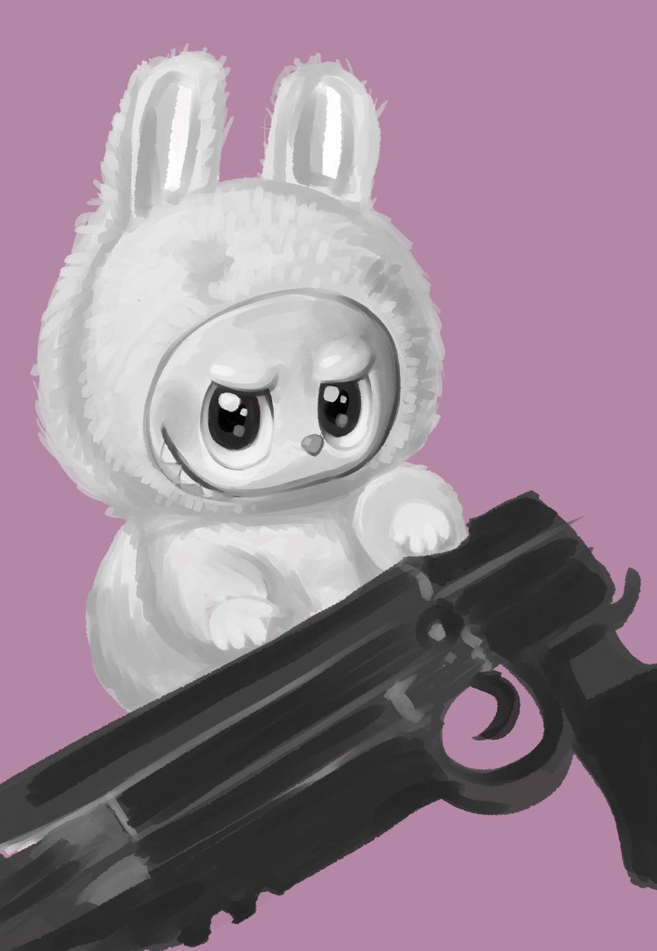 bellspiel, labubu, highres, 1girl, greyscale with colored background, gun, handgun, holding, holding gun, holding weapon, looking at viewer, pink background, simple background, solo, the monsters (kasing lung), weapon