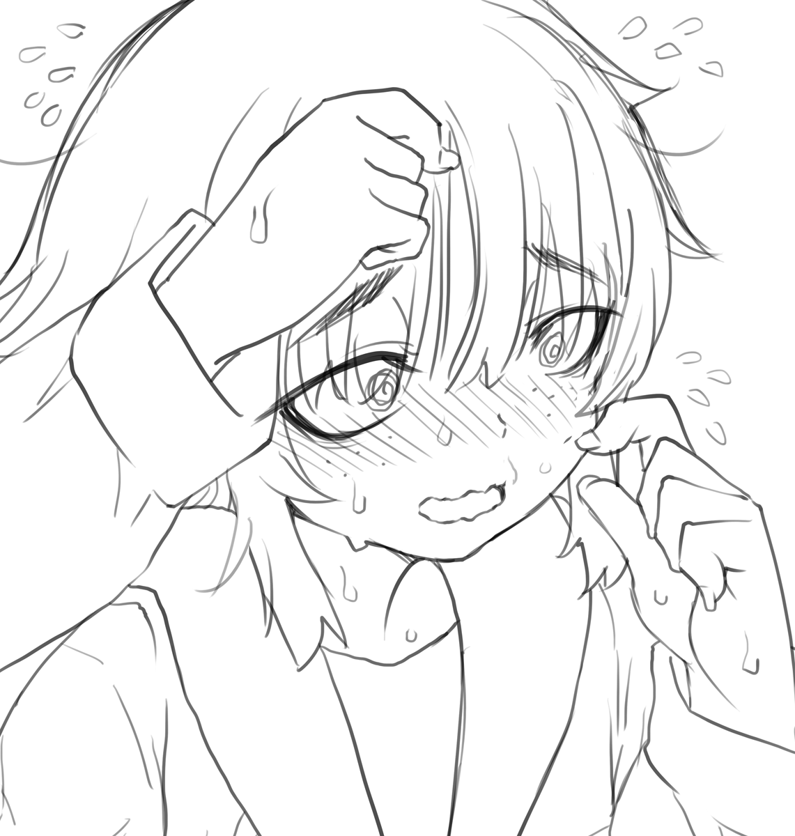 mudou eichi, original, highres, 1girl, @ @, arm up, blush, embarrassed, flying sweatdrops, long sleeves, messy hair, portrait, ruffling hair, school uniform, serafuku, sketch, solo, sweat, white background