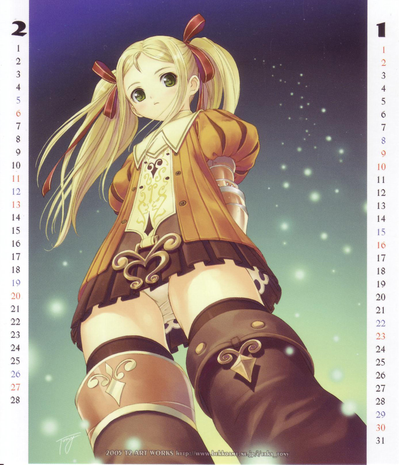 tony taka, ridley timberlake, radiata stories, highres, 1girl, armor, armored dress, blonde hair, boots, dress, female focus, flat chest, foreshortening, gauntlets, green eyes, light particles, looking at viewer, miniskirt, orange shirt, panties, pantyshot, puff and slash sleeves, puffy sleeves, red ribbon, ribbon, shirt, skirt, solo, thighhighs, twintails, underwear, upskirt