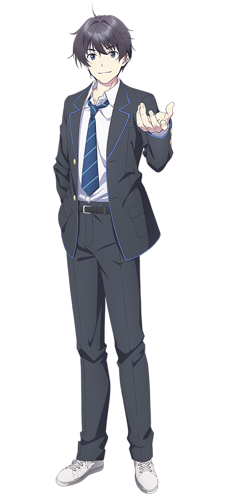 kinoshita sumie, chitose saku, chitose-kun wa ramune bin no naka, official art, 1boy, anime coloring, belt, black belt, black hair, blazer, blue eyes, blue necktie, bob cut, closed mouth, collared shirt, diagonal-striped clothes, diagonal-striped necktie, full body, grey jacket, grey pants, hair between eyes, hand up, jacket, long sleeves, looking at viewer, necktie, open clothes, open hand, open jacket, pants, school uniform, shirt, shoes, simple background, smile, solo, standing, striped clothes, striped necktie, tachi-e, transparent background, white shirt, white shoes