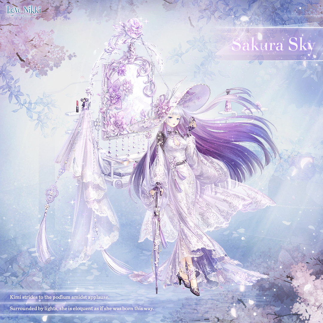 miracle nikki, nikki (series), artist request, official art, 1girl, ankle cuffs, belt, black belt, black shoes, black shrug, blue eyes, blunt bangs, bottle, bow, breasts, character name, cherry blossoms, cleavage, cleavage cutout, closed mouth, closed umbrella, clothing cutout, copyright name, cosmetics, day, dress, english text, expressionless, falling petals, floating hair, floral print, flower, frilled headwear, full body, gradient clothes, gradient dress, hat, hat bow, hat feather, hat ribbon, high heels, holding, holding compact, holding umbrella, lace, lace-trimmed dress, lace trim, large breasts, light particles, light rays, lipstick, lipstick tube, logo, long dress, long hair, long sidelocks, long sleeves, looking at viewer, makeup, mirror, outdoors, parasol, perfume bottle, petals, pink bow, pink flower, pink ribbon, puffy long sleeves, puffy sleeves, purple flower, purple hair, red lips, ribbon, sakura sky (miracle nikki), shelf, shoes, shrug (clothing), sidelocks, solo, sparkle, standing, stiletto heels, sun hat, sunlight, tree, umbrella, very long hair, waist tassel, white dress, white hair, white hat, white umbrella, wide brim