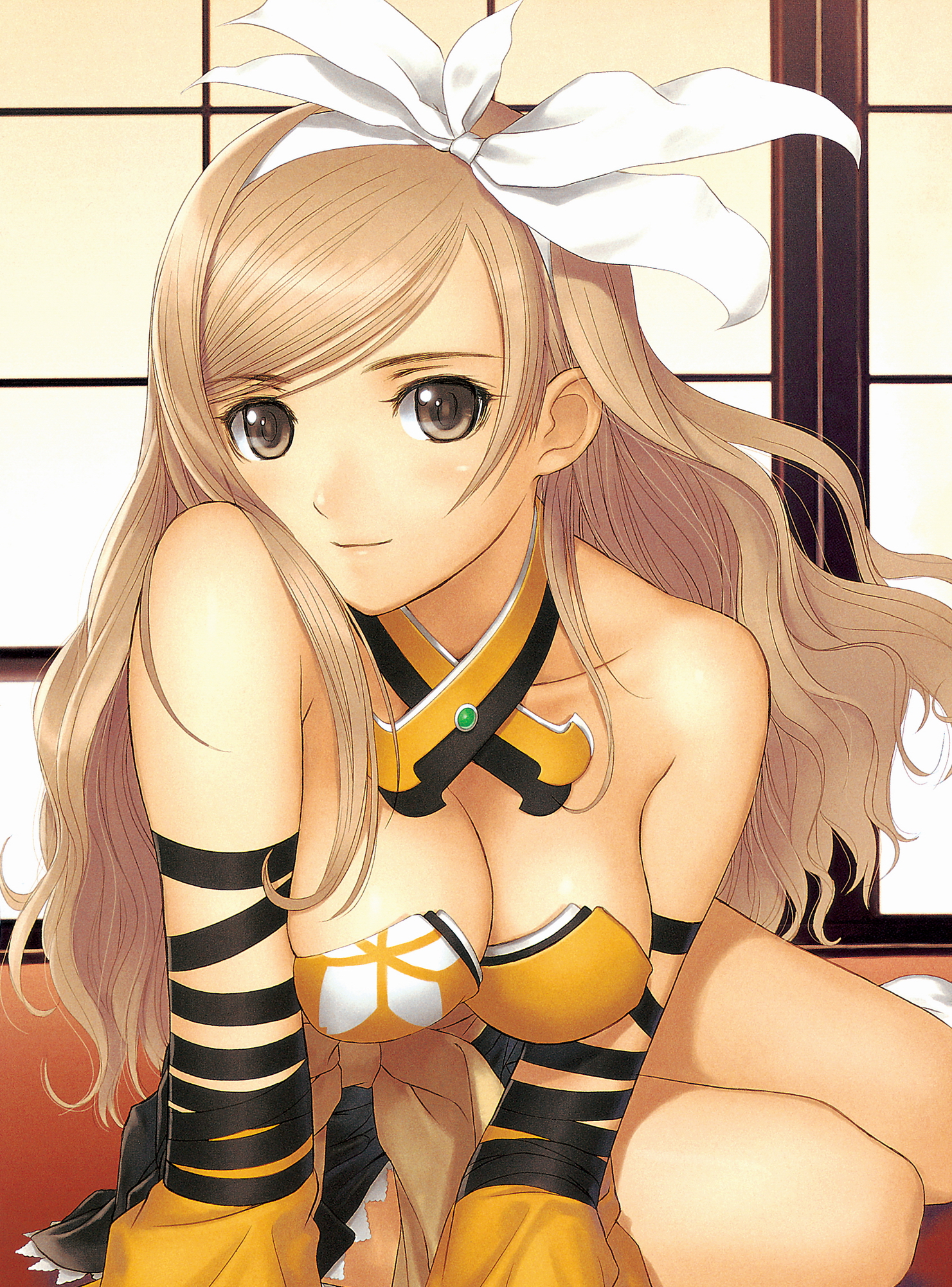 tony taka, touka kureha, sega, shining (series), shining wind, white legwear, highres, 1girl, breasts, brown eyes, brown hair, brown theme, cleavage, detached collar, female focus, long hair, sitting, sliding doors, solo, swept bangs
