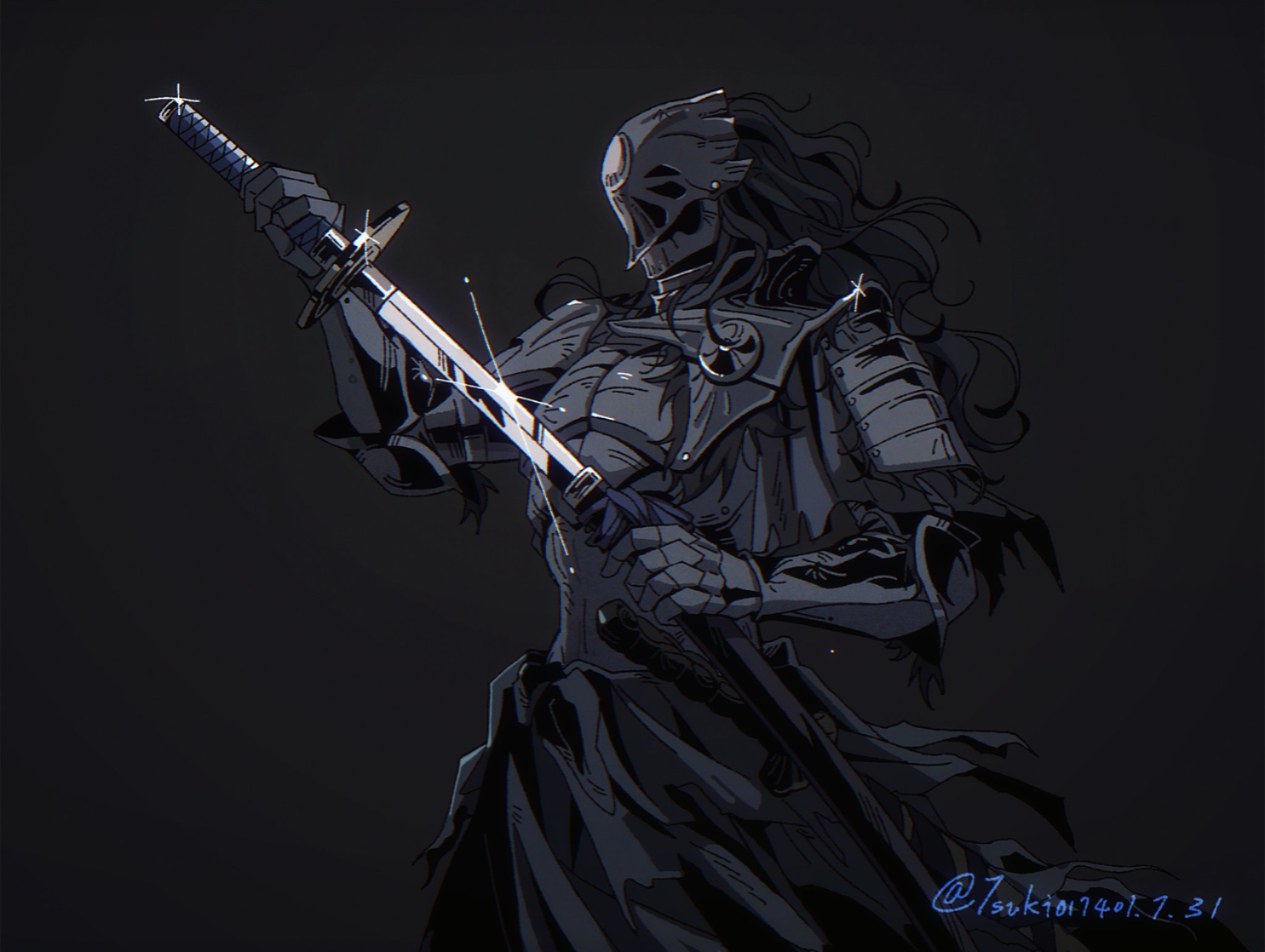 ya ya (jiling651), executor (elden ring), elden ring, elden ring nightreign, hashtag-only commentary, highres, 1boy, alternate costume, arm up, armor, black armor, black background, black hair, black loincloth, breastplate, cowboy shot, gauntlets, glint, hand up, helmet, holding, holding sword, holding weapon, japanese armor, katana, loincloth, long hair, looking to the side, male focus, multiple swords, official alternate costume, plume, scabbard, sheath, shoulder armor, single sode, sode, solo, standing, sword, unsheathing, vambraces, weapon