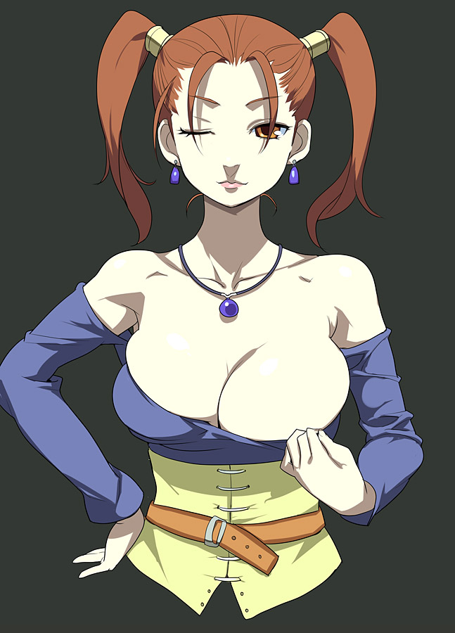 nora higuma, jessica albert, dragon quest, dragon quest viii, square enix, bad id, bad pixiv id, 1girl, bare shoulders, breasts, cleavage, clothes pull, collarbone, dress, earrings, female focus, fingernails, jewelry, large breasts, lips, looking at viewer, one eye closed, pulling own clothes, purple shirt, red hair, shirt, shirt pull, solo, strapless, strapless dress, twintails, upper body, wink