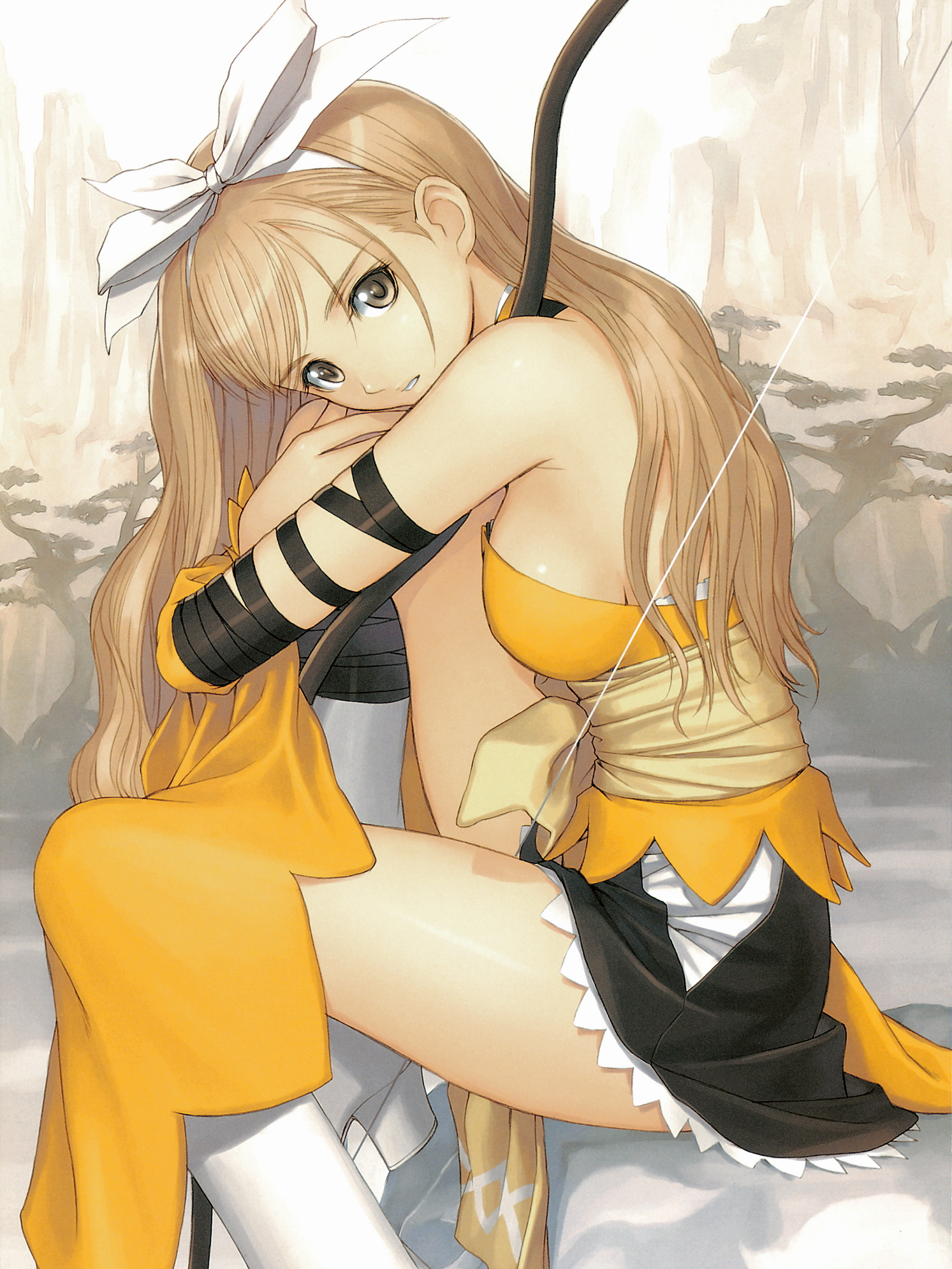 tony taka, touka kureha, sega, shining (series), shining wind, highres, bow (weapon), brown eyes, brown hair, sitting, solo, weapon