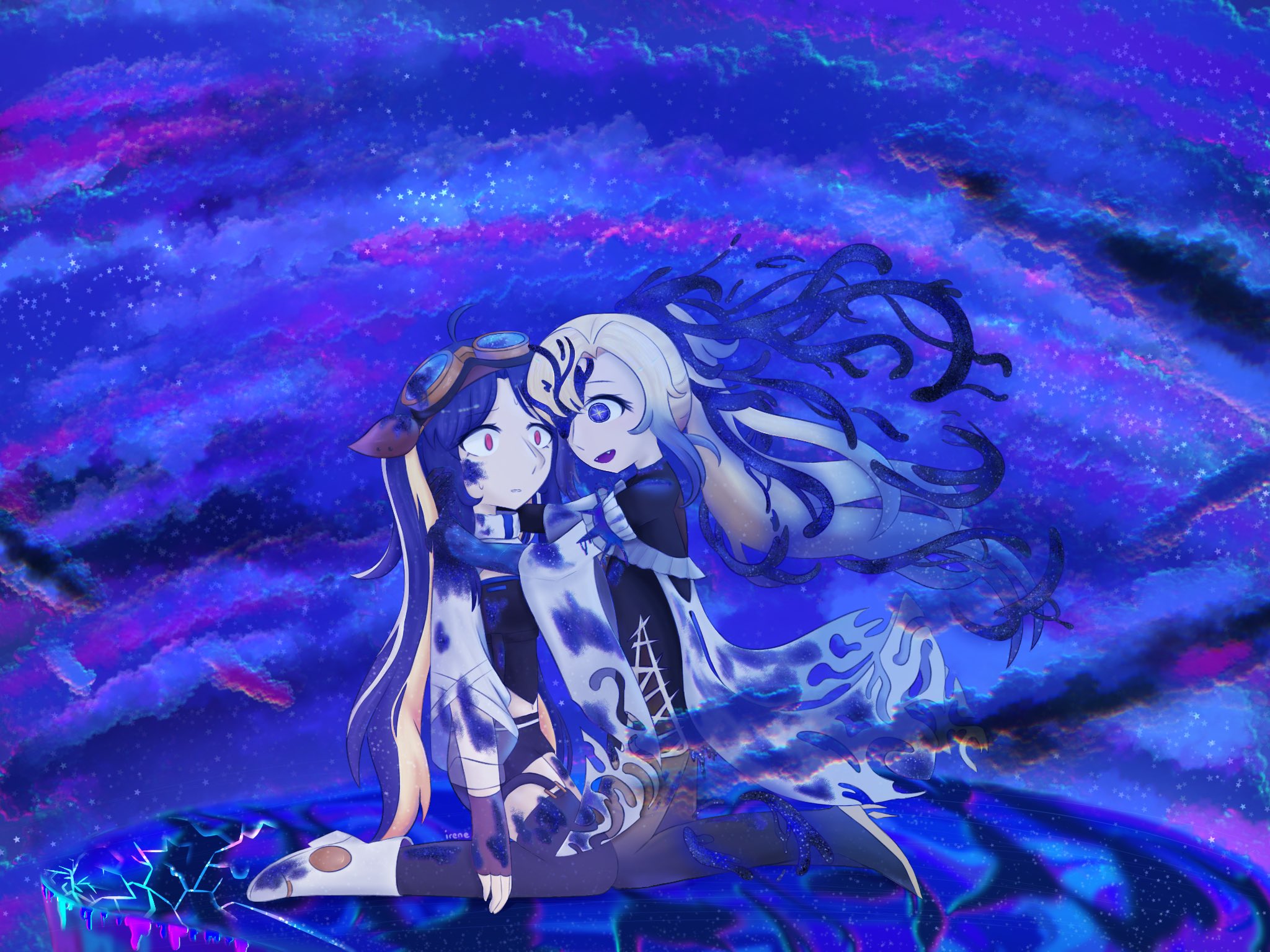 arcaea, highres, self-upload, 2girls, blonde hair, blue eyes, blue hair, cosmicirene, gloves, long hair, mitsuko (arcaea), multiple girls, nonoka (arcaea), nonoka (awakended) (arcaea), open mouth, red eyes, sky, smile, star (symbol), star in eye, symbol in eye, yuri