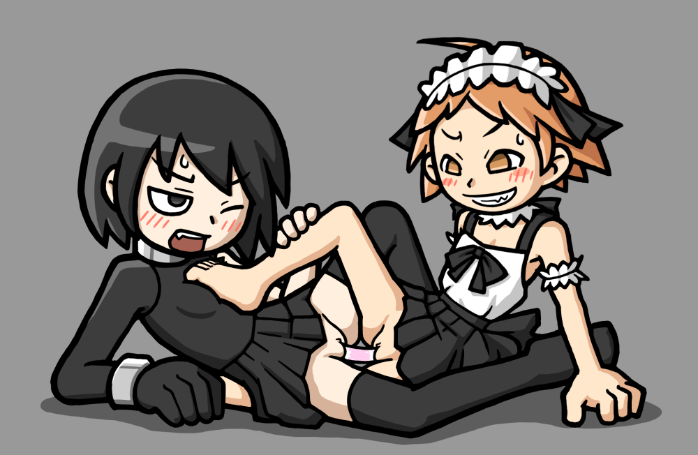 yoshikage (k hisagi), character request, 2girls, apron, barefoot, black dress, black eyes, black hair, black skirt, black socks, blush, clitoral hood, dildo, double dildo, dress, fang, feet, gloves, grey background, grin, maid, maid apron, maid headdress, multiple girls, object insertion, one eye closed, open mouth, orange eyes, orange hair, pussy, pussy juice, shared object insertion, short hair, skirt, smile, socks, thighhighs, toes, uncensored, vaginal, vaginal object insertion, yuri