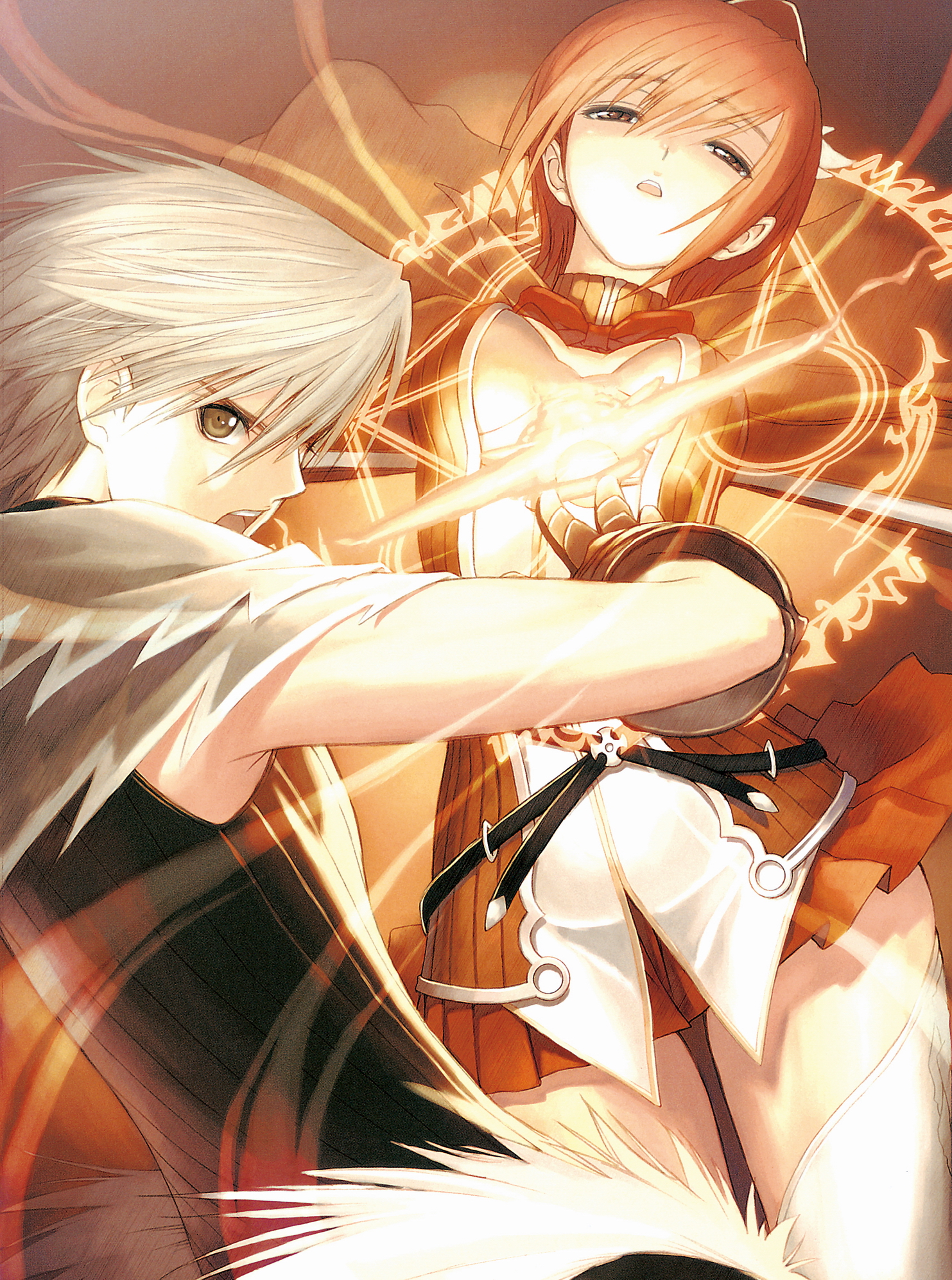 tony taka, kaito kiriya, seena kanon, sega, shining (series), shining wind, silver hair, highres, 1boy, 1girl, breasts, brown eyes, brown hair, cape, center opening, cleavage, copyright name, dress, elbow gloves, gloves, glowing, green eyes, half-closed eyes, human scabbard, looking at viewer, magic circle, open mouth, red dress, red eyes, red hair, short hair, thighs