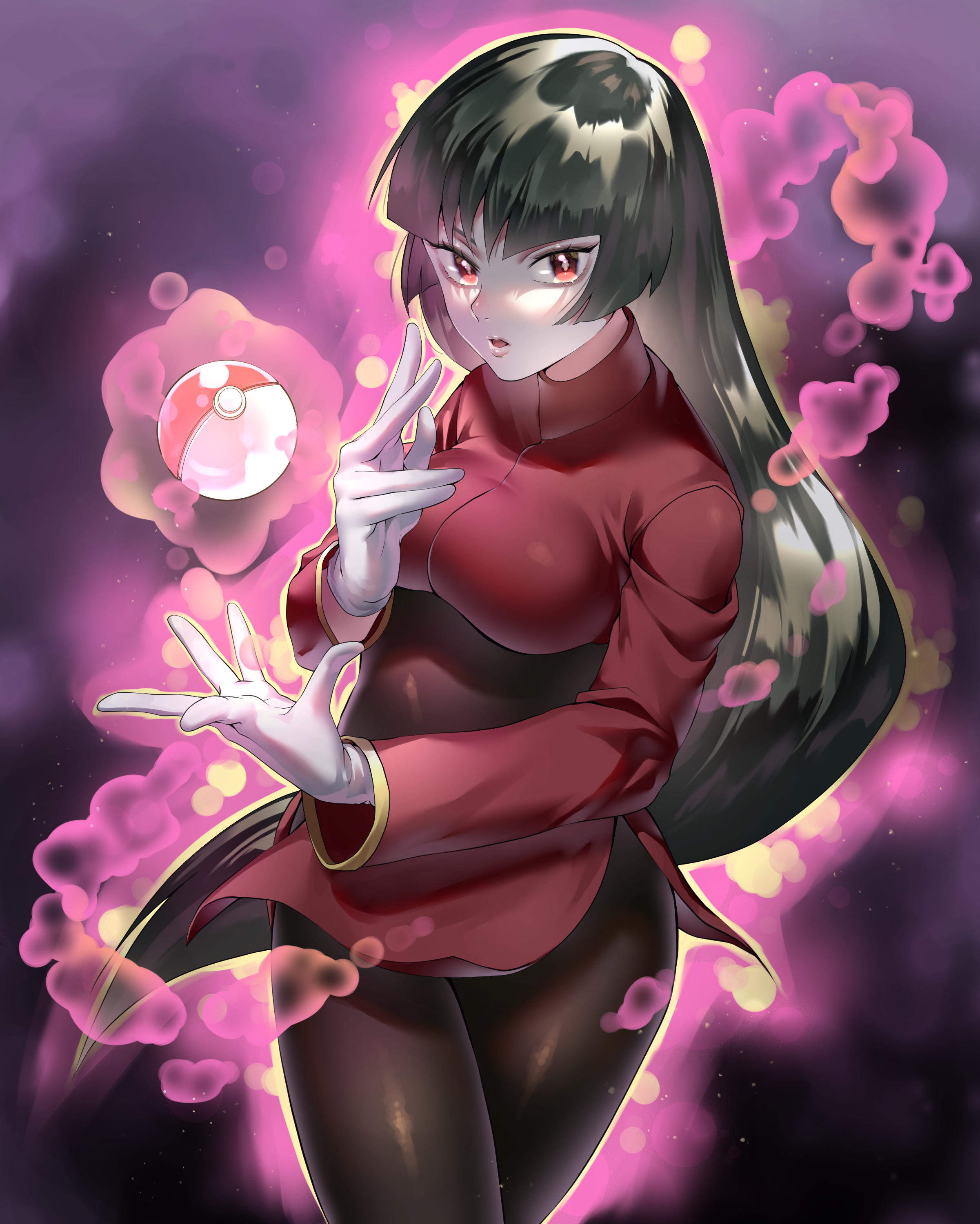 ah (mjpg5574), sabrina (pokemon), nintendo, pokemon, pokemon frlg, absurdres, highres, 1girl, black hair, blunt bangs, bodysuit, bodysuit under clothes, breasts, crop top, floating, floating object, gloves, hand up, jacket, long hair, long sleeves, medium breasts, pantyhose, parted lips, pencil skirt, poke ball, poke ball (basic), red eyes, red jacket, red skirt, side slit, skirt, solo, straight hair, telekinesis, turtleneck, turtleneck jacket, white gloves