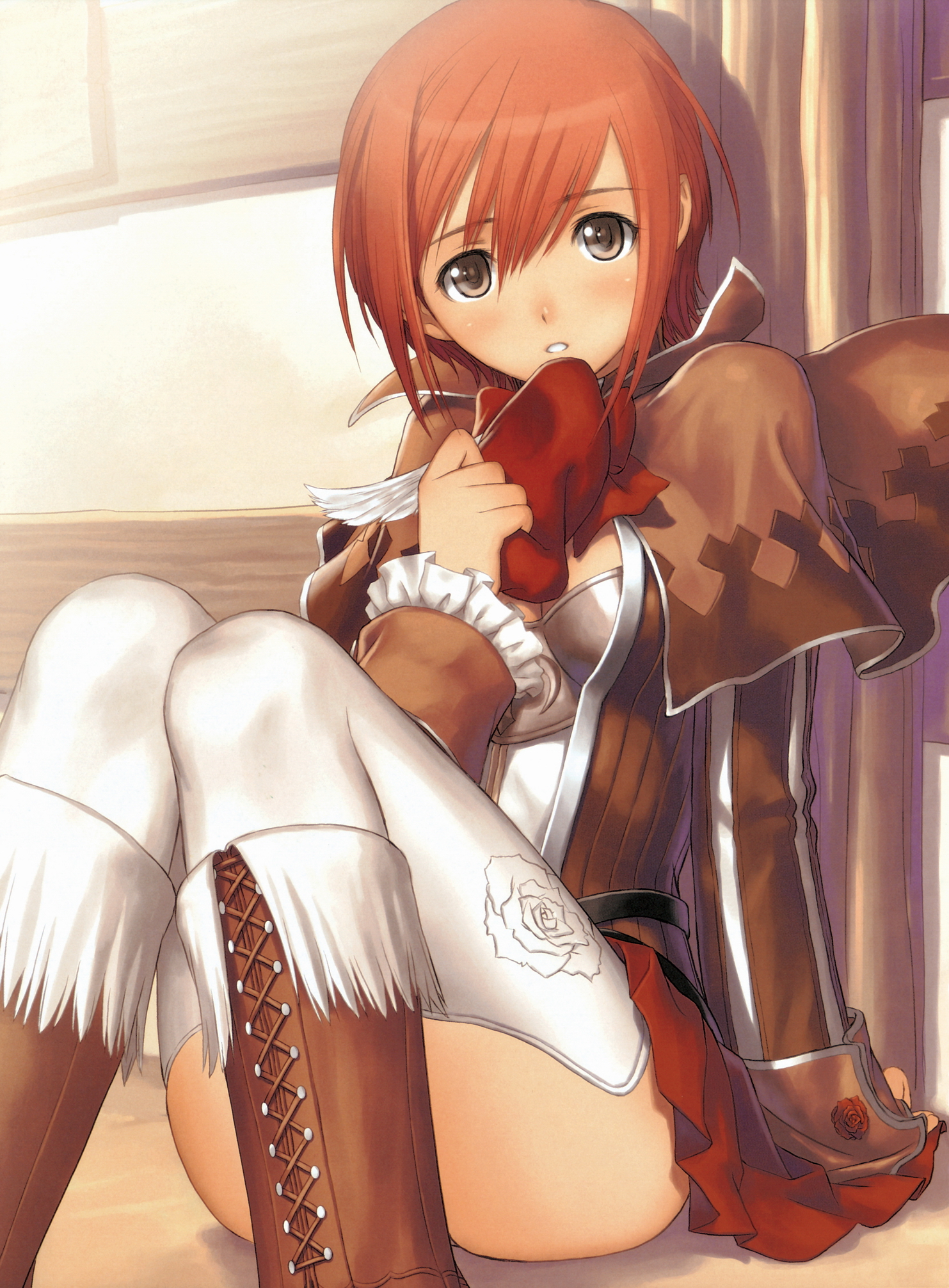 tony taka, seena kanon, sega, shining (series), shining wind, highres, blush, boots, breasts, brown boots, cleavage, lace-up boots, miniskirt, red eyes, red hair, short hair, sitting, skirt, solo, swept bangs, thighhighs, white thighhighs