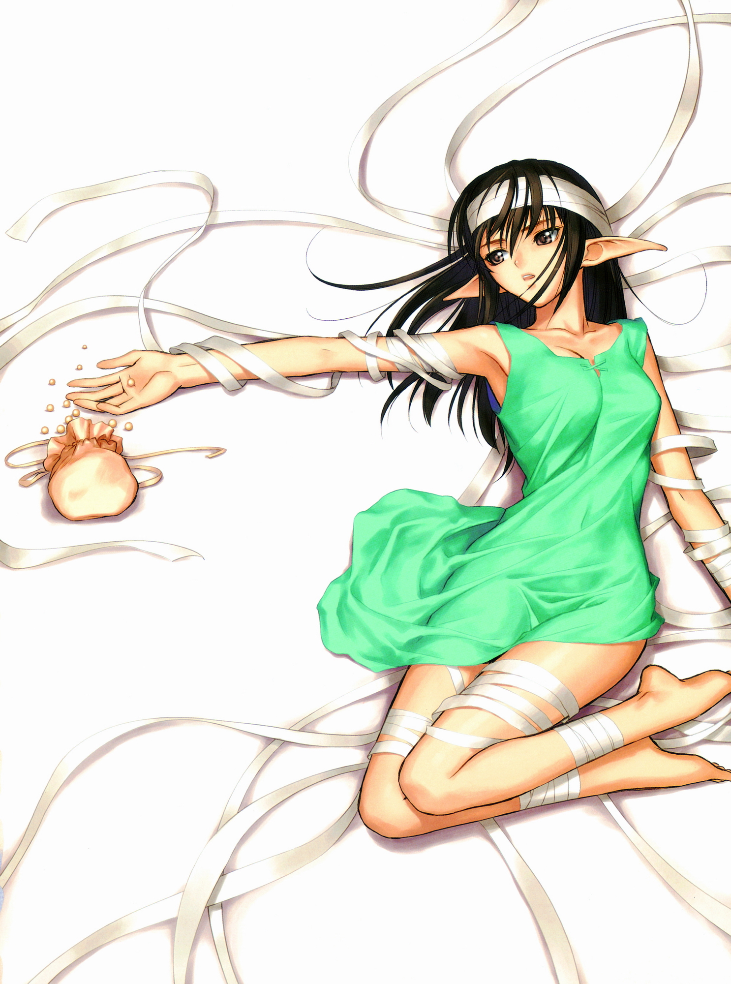 tony taka, xecty ein, sega, shining (series), shining wind, highres, 1girl, armpits, bandages, barefoot, black hair, brown eyes, collarbone, dress, elf, feet, female focus, knees, legs, long hair, long legs, lying, pointy ears, solo, thighs