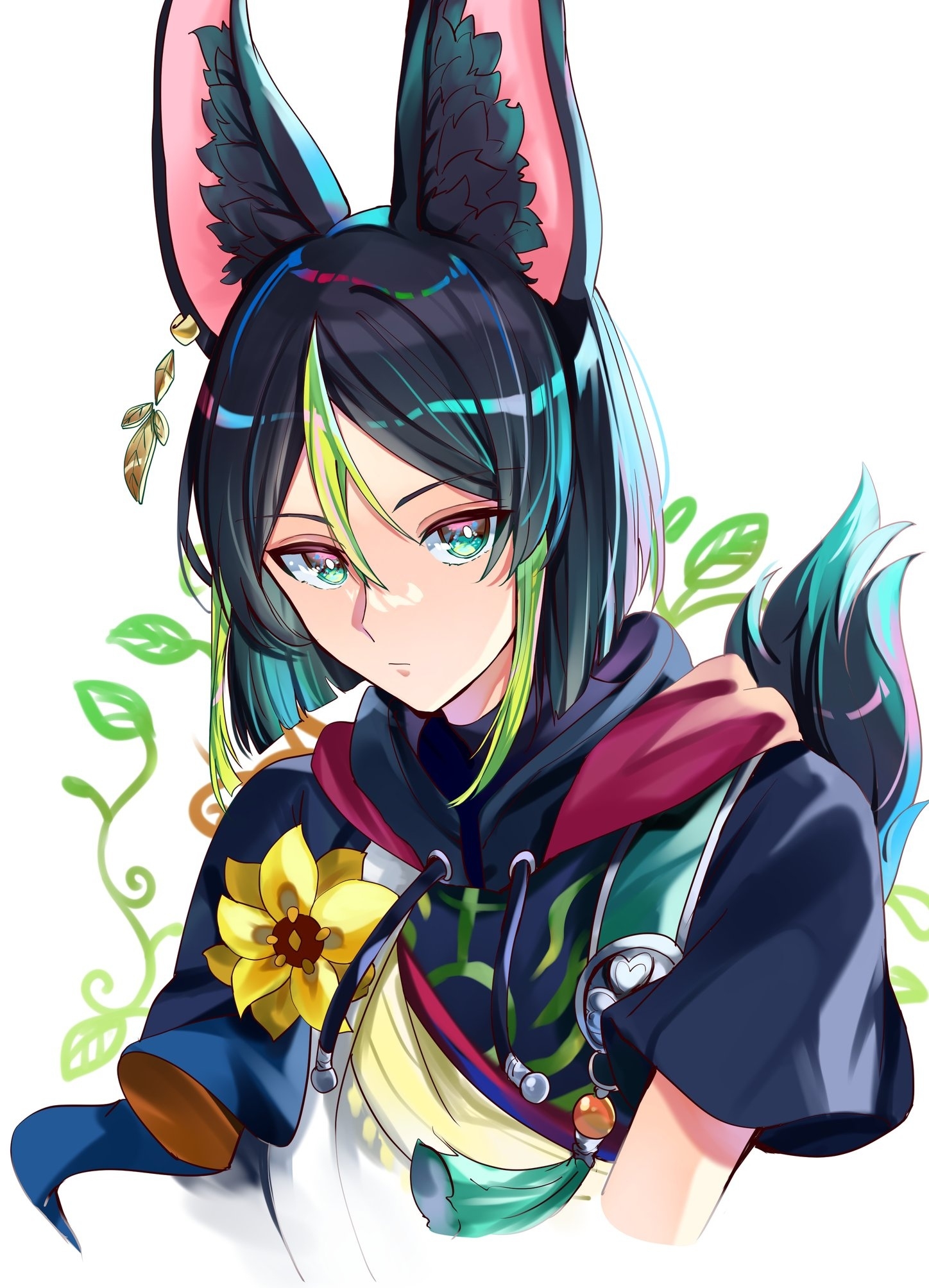 hapaa, tighnari (genshin impact), genshin impact, commentary request, highres, 1boy, animal ear fluff, animal ears, black hair, black shirt, cropped arm, cropped torso, double-parted bangs, flower, fox boy, fox ears, fox tail, green eyes, green hair, hair between eyes, hooded shirt, looking at viewer, male focus, medium hair, multicolored hair, plant, shirt, short sleeves, simple background, solo, streaked hair, tail, upper body, white background, yellow flower
