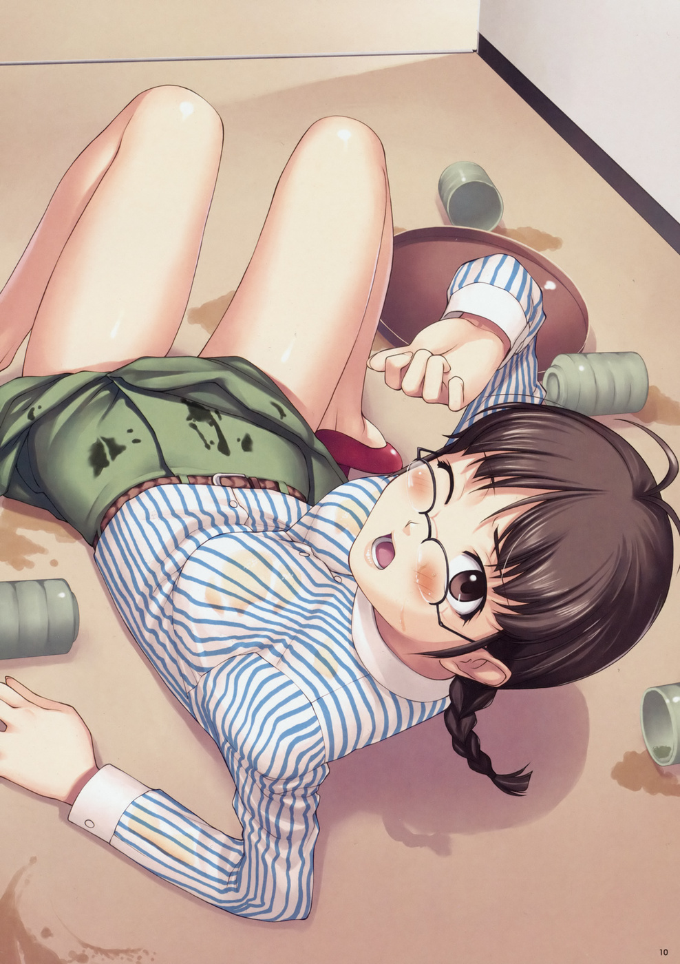 tanaka shoutarou, akizuki ritsuko, idolmaster, idolmaster (classic), idolmaster 1, highres, 00s, 1girl, accident, brown eyes, brown hair, female focus, glasses, looking over eyewear, solo, stain, wet, wet clothes