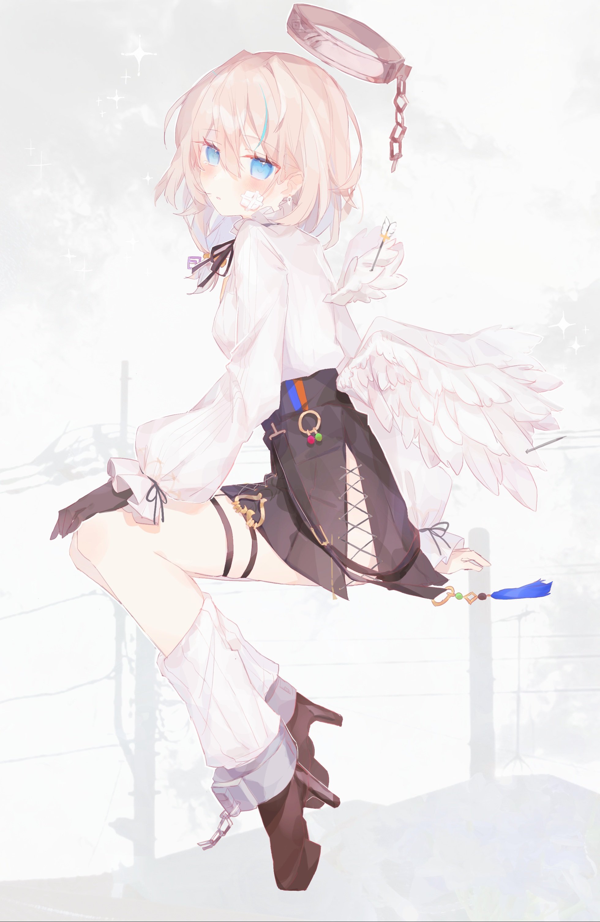 arcaea, absurdres, highres, 1girl, :o, angel wings, ass cutout, bandage on face, bandages, bandaid, bandaid on face, belt, black belt, black gloves, black ribbon, black skirt, blue eyes, blue hair, boots, breasts, brown boots, clothing cutout, compassion (arcaea), cross, detached wings, from side, full body, gloves, grey hair, high heels, long sleeves, looking at viewer, loose socks, medium breasts, multicolored hair, ribbon, sasaina koto, shirt, short hair, single glove, sitting, skirt, socks, solo, streaked hair, thigh strap, white shirt, white socks, white wings, wings