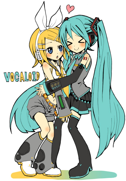 kochoko, hatsune miku, kagamine rin, vocaloid, bad id, bad pixiv id, > <, 2girls, aqua hair, belt, black skirt, blonde hair, blush, boots, closed eyes, detached sleeves, full body, hairband, heart, knee boots, long hair, long sleeves, multiple girls, necktie, pleated skirt, sailor collar, school uniform, serafuku, shorts, simple background, skirt, standing, tattoo, thighhighs, twintails, very long hair, white background, yuri, zettai ryouiki