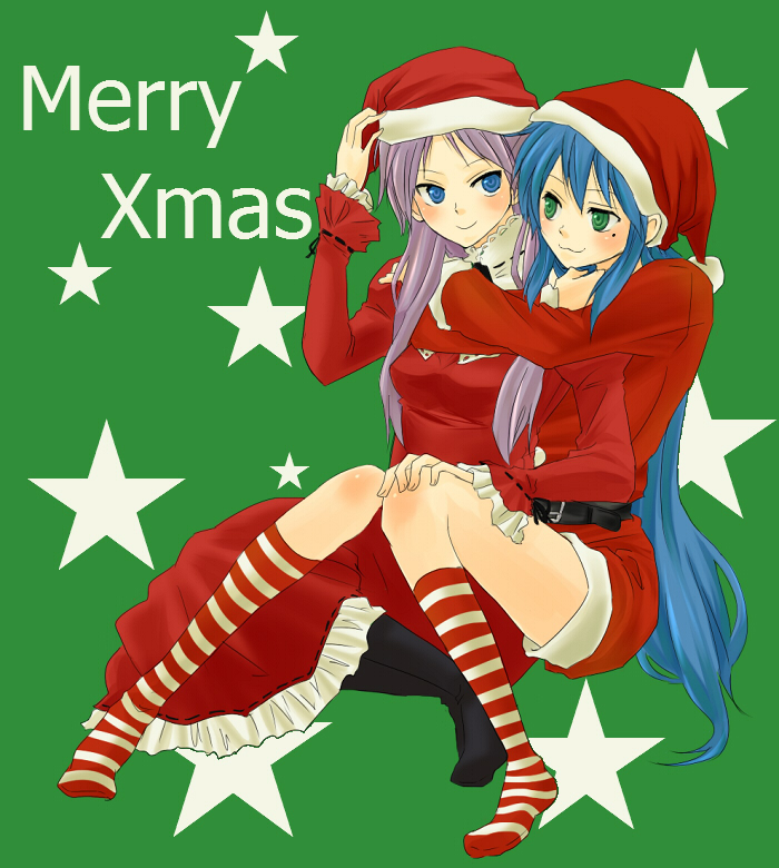 kochoko, hiiragi kagami, izumi konata, lucky star, bad id, bad pixiv id, 00s, 2girls, christmas, mole, mole under eye, multiple girls, santa costume